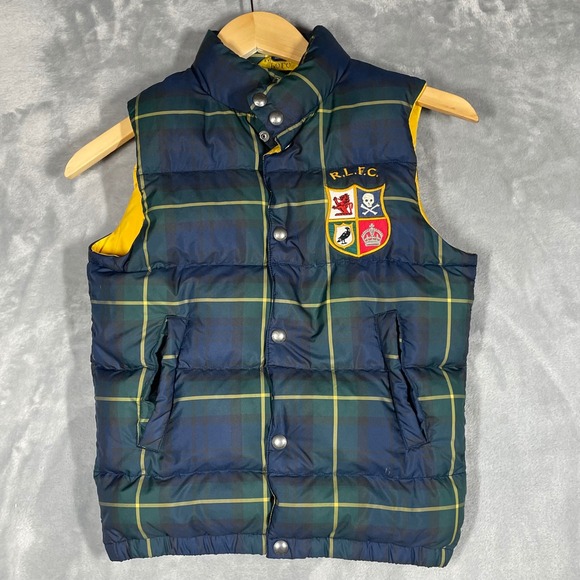 Polo Ralph Lauren Childrens Down Puffer Vest Size S 8 Plaid Logo RLFC Green Blue